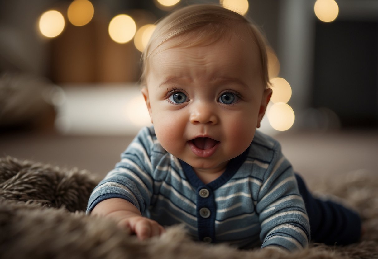 A baby startles at loud noise, eyes wide and body tense, while reaching for nearby objects