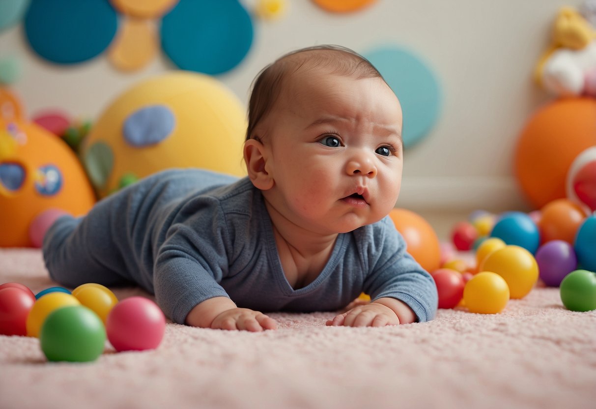 A newborn pushes up during tummy time, lifting their head and chest off the ground. They are surrounded by colorful toys and a supportive, padded surface