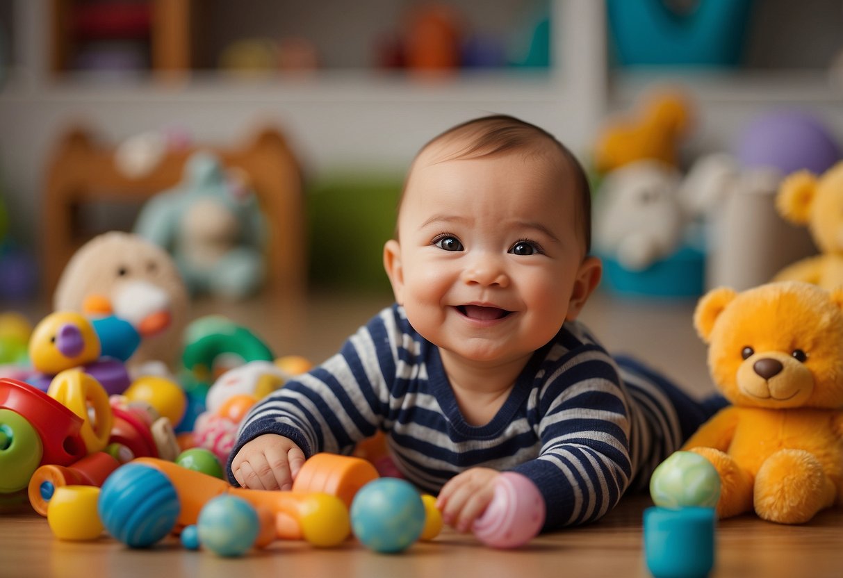 A smiling baby surrounded by toys, reaching for objects, babbling happily, sitting up with support, and making eye contact with caregivers