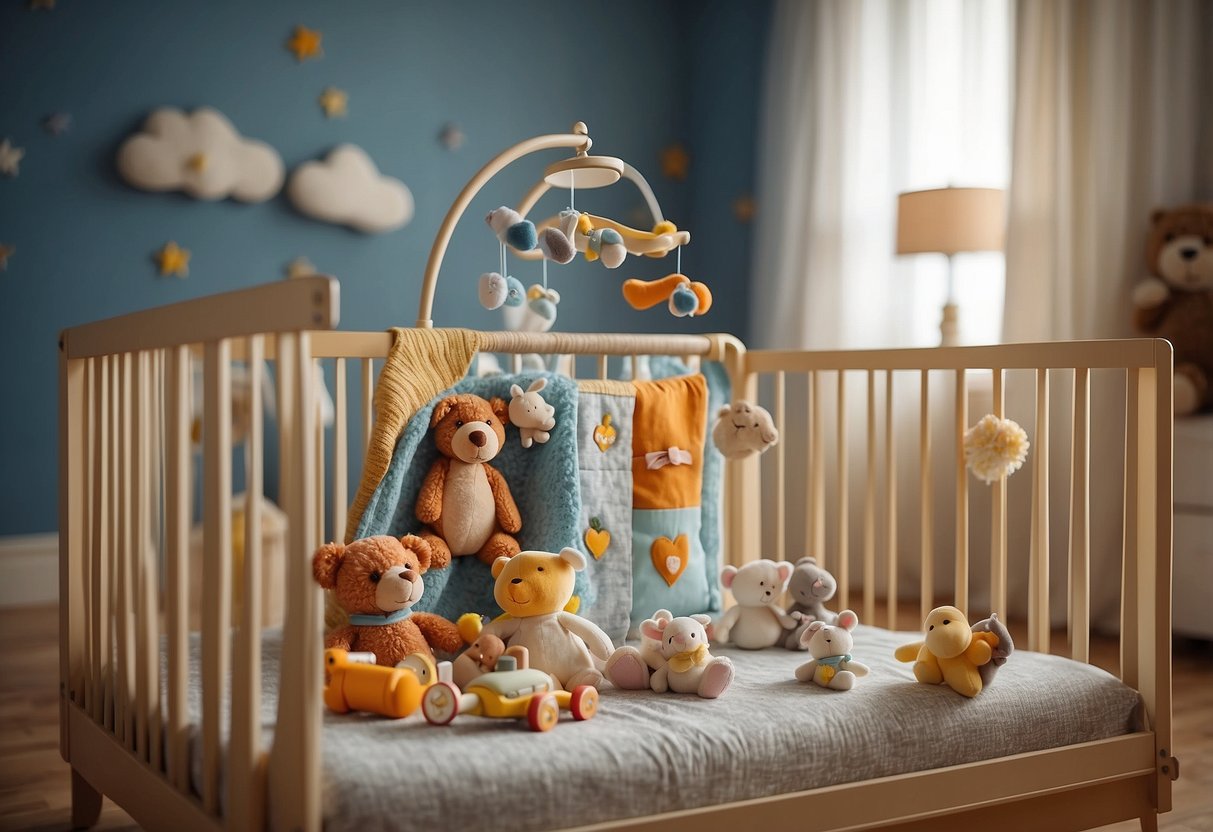 A baby's crib with toys and a mobile, surrounded by various sound-making objects like rattles and musical toys