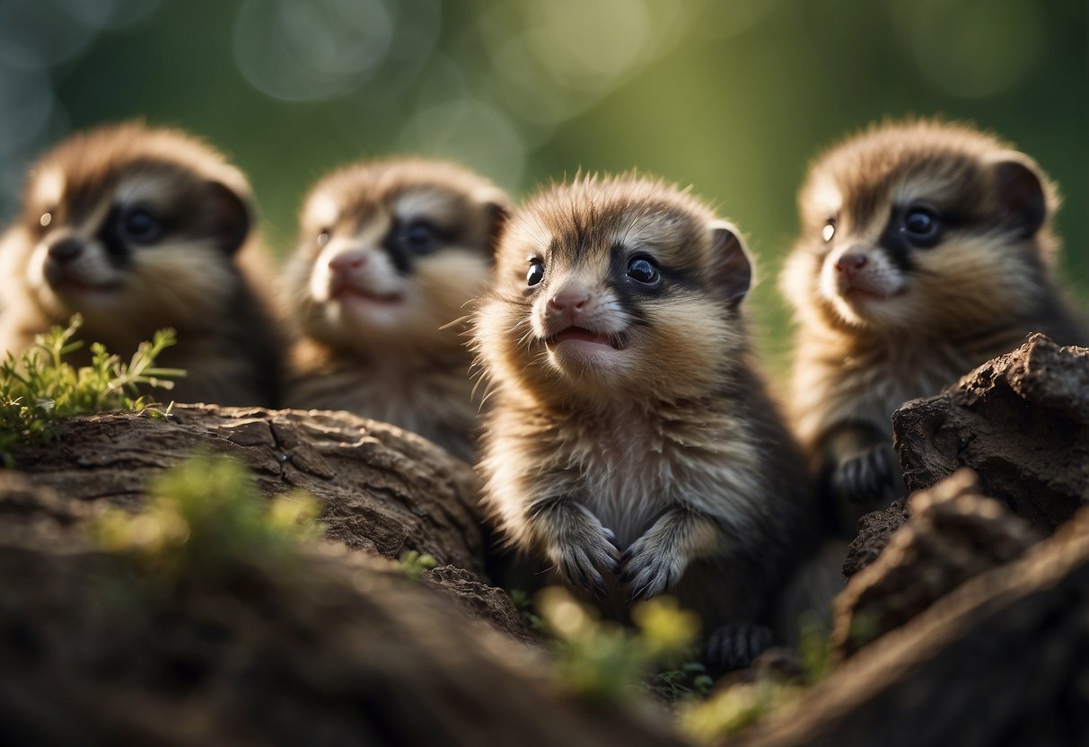 A group of newborn animals eagerly gaze at each other's faces, displaying curiosity and attentiveness