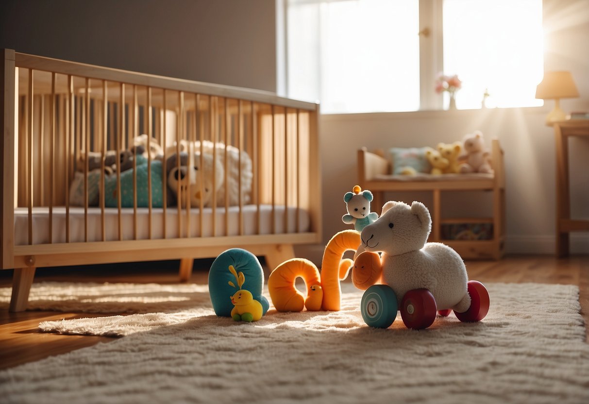 A cozy nursery with soft, colorful toys and books scattered on the floor. A mobile hangs above a crib, gently spinning and playing soothing music. Sunlight streams through the window, casting a warm glow over the room