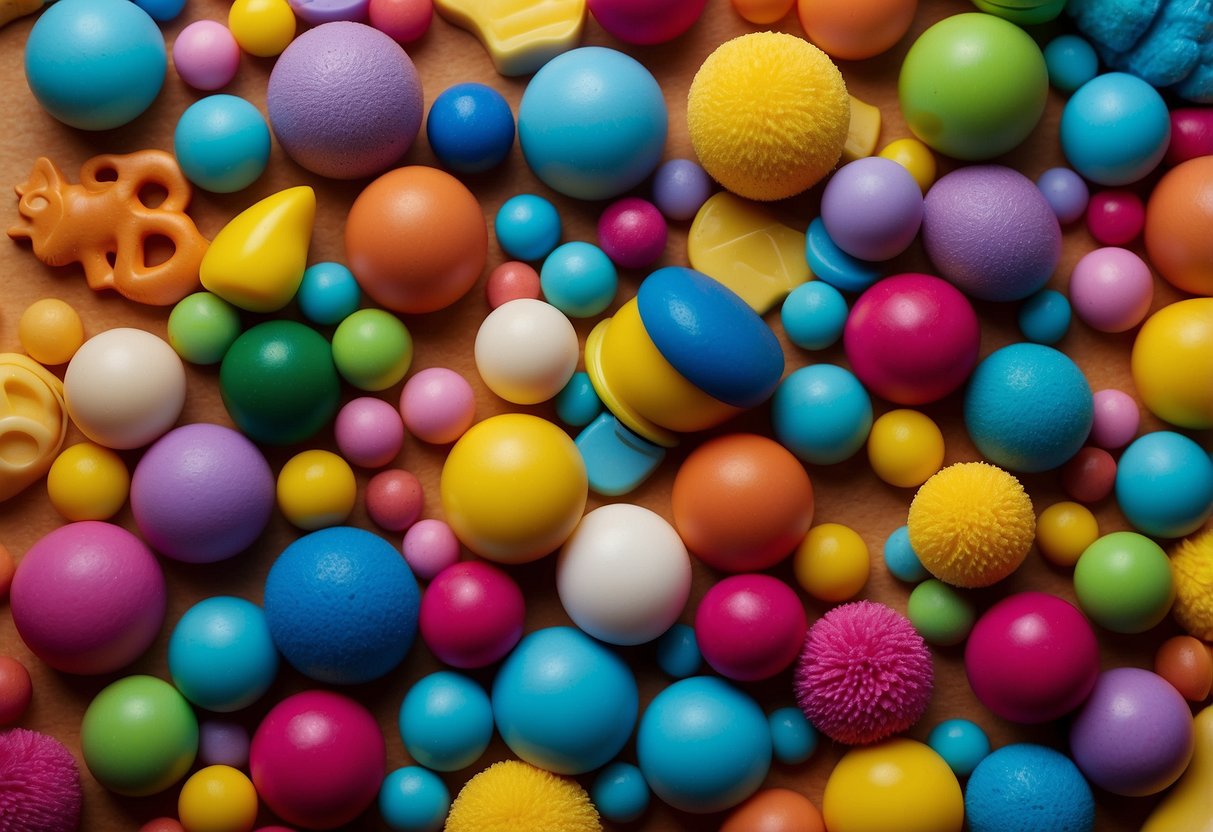 A colorful array of simple toys arranged in a circle, with various textures and shapes to stimulate a newborn's senses and encourage early development