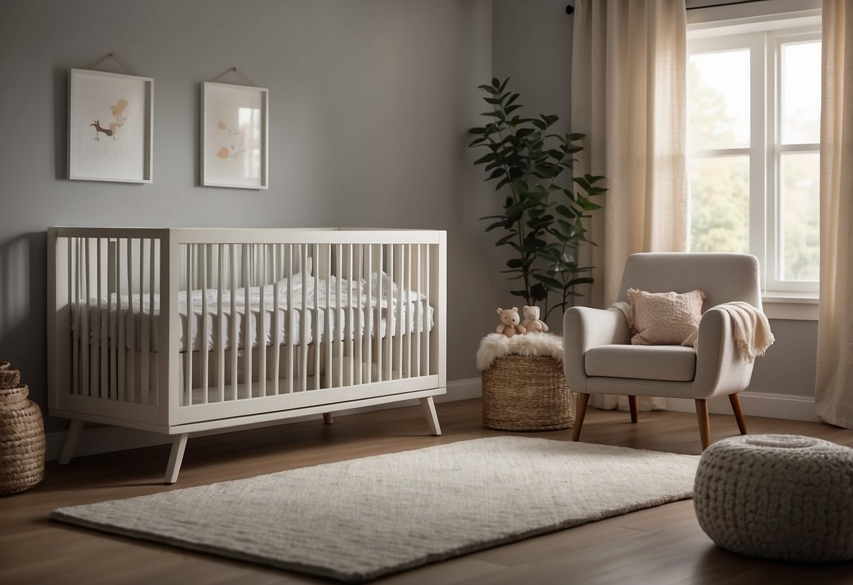 A cozy nursery with soft, soothing colors. A crib with a breathable mattress and a mobile with gentle, calming music. A white noise machine in the background