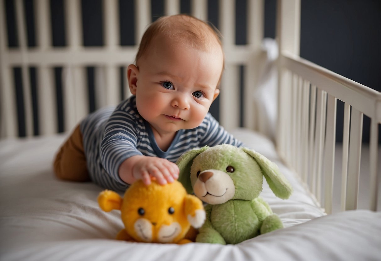 Newborn reaching for a toy. Smiling and making eye contact. Rolling over in crib. Reaching for and grasping objects. Babbling and cooing. Sitting up with support. Reaching for and grabbing toes. Standing with assistance