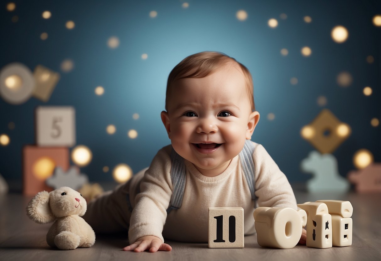 A smiling baby surrounded by 10 milestone symbols, like a first tooth or a first step, with a surprised expression