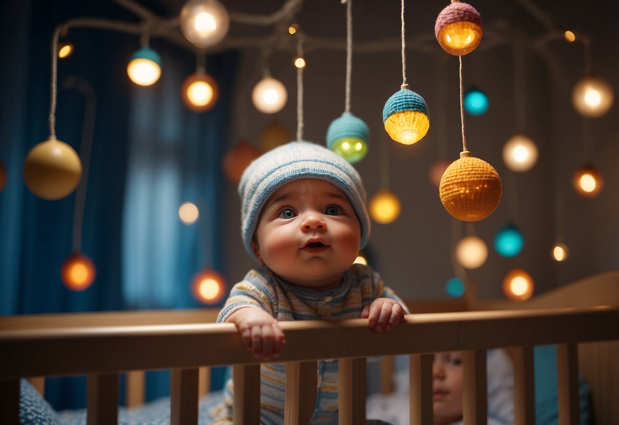 A newborn's eyes tracking objects, reaching for them, and showing interest in faces. A mobile or colorful toys hanging above the crib could be depicted in the illustration