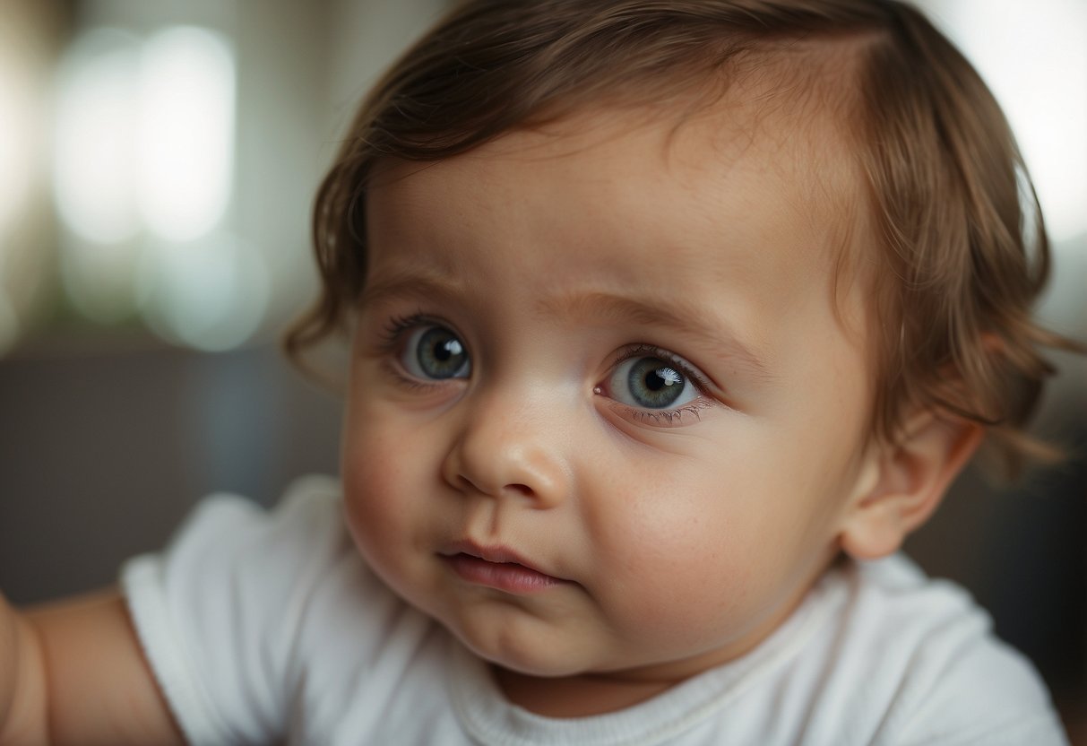 A baby turning towards a familiar sound, with wide eyes and a curious expression, showing recognition of their own name