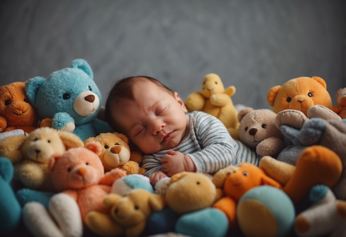 A newborn propped up by a supportive cushion, surrounded by toys and reaching out to touch them