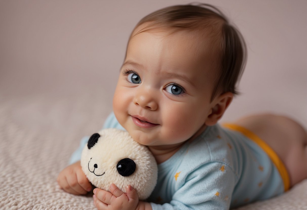 A newborn reaching for a toy, making eye contact, smiling, lifting their head, and tracking objects with their eyes