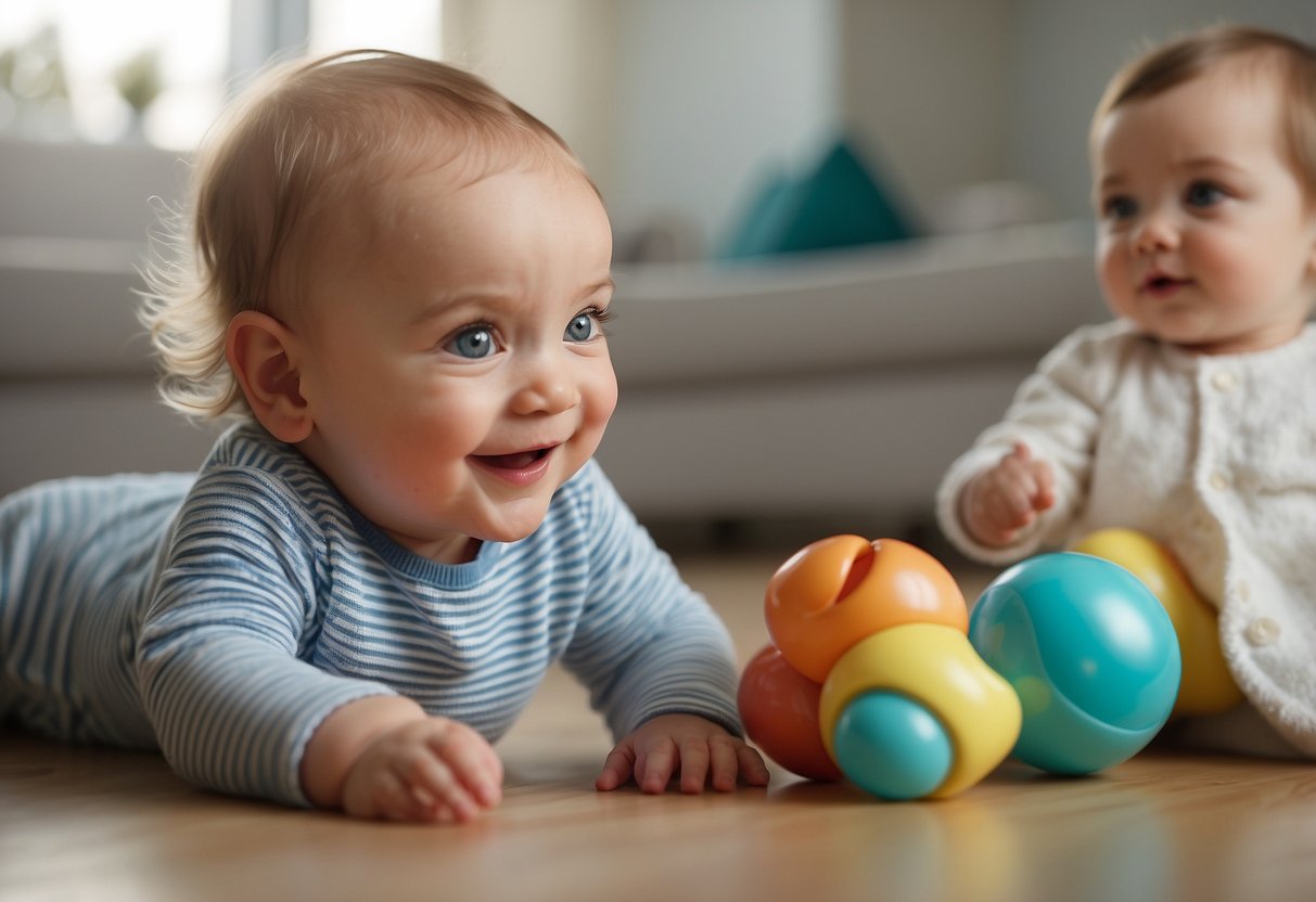 A baby reaching for a toy, making eye contact, and smiling at a caregiver. Other babies nearby babbling and interacting with each other