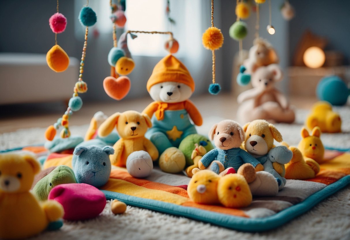 A colorful play mat with various textures and shapes, surrounded by soft toys and rattles. A mobile with bright, contrasting colors hangs above, while a mirror reflects the baby's movements