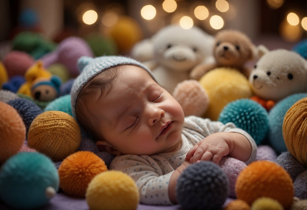 A newborn baby lying on a soft, cushioned mat, surrounded by colorful toys and mobiles. The baby is gently stretching and reaching for the toys, demonstrating various yoga poses