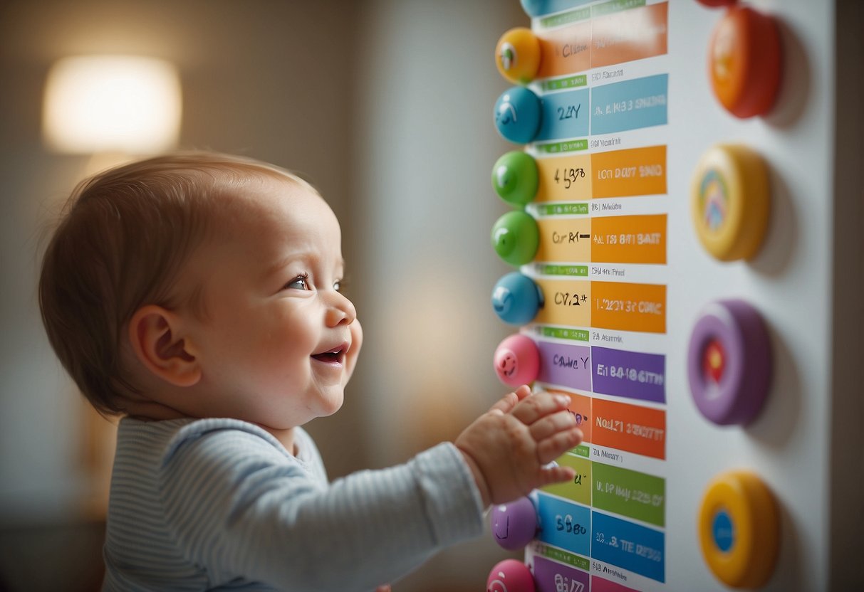 A newborn reaching for a colorful toy, smiling, and making eye contact with a caregiver. A milestone chart and growth chart are displayed in the background