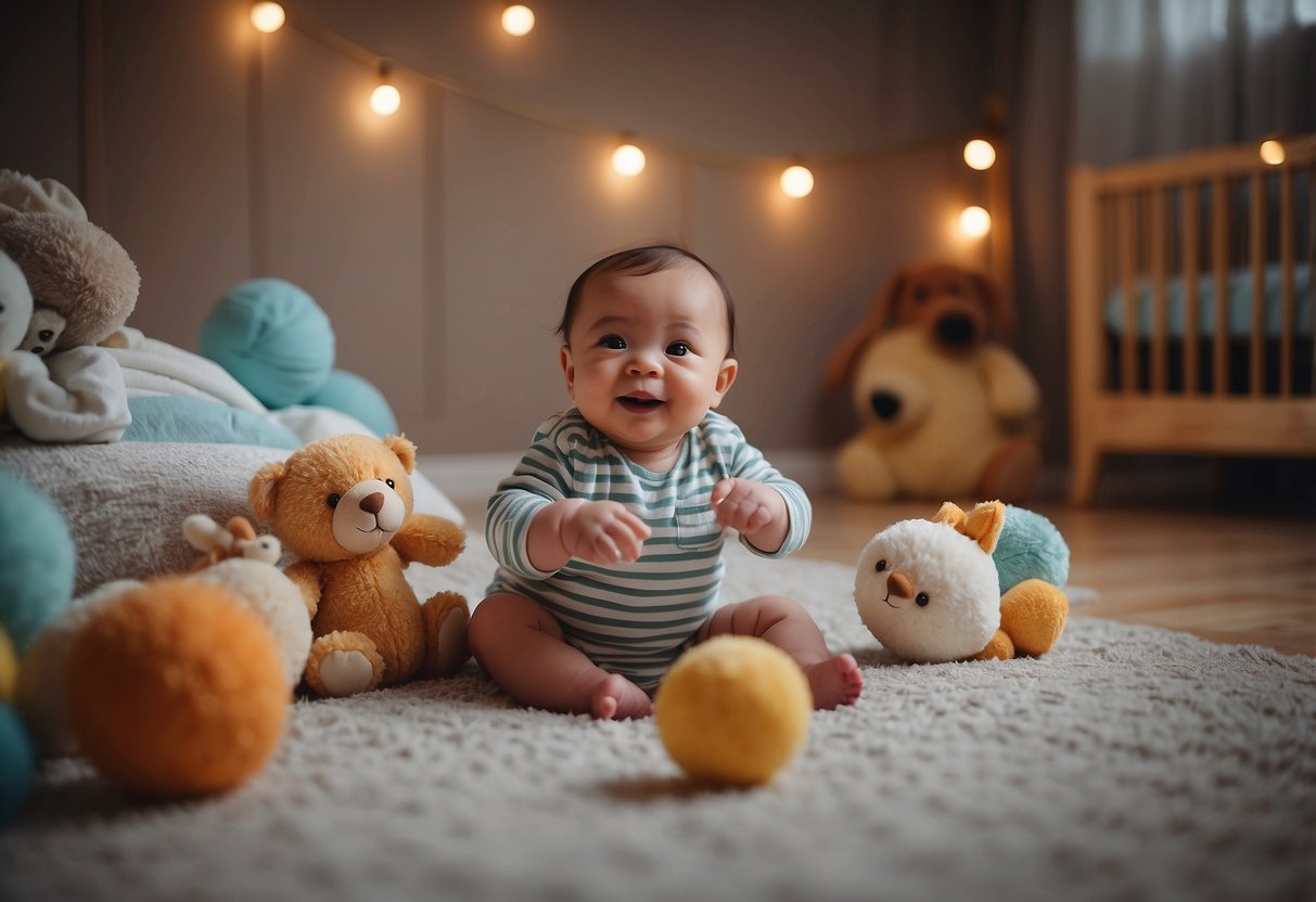 Newborn toys scattered on the floor, mobile spinning above crib, baby reaching for objects, and smiling in response to sounds and faces