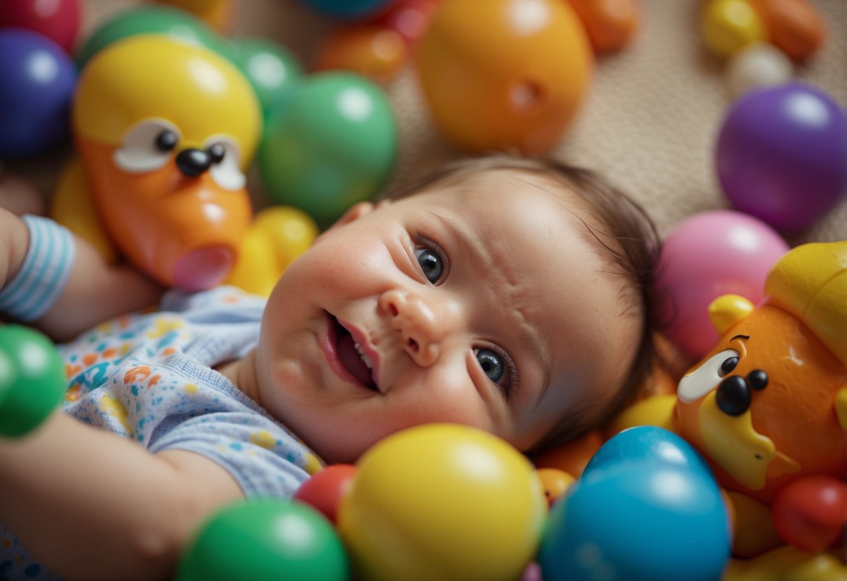 A smiling baby lying on their back, reaching for a colorful toy. They are making eye contact with a caregiver, who is smiling back at them