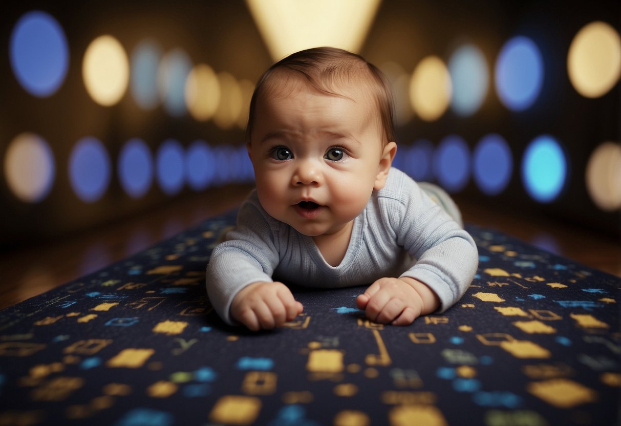 A baby turns towards loud noises, tracks moving objects, and responds to familiar voices, showing signs of meeting developmental milestones