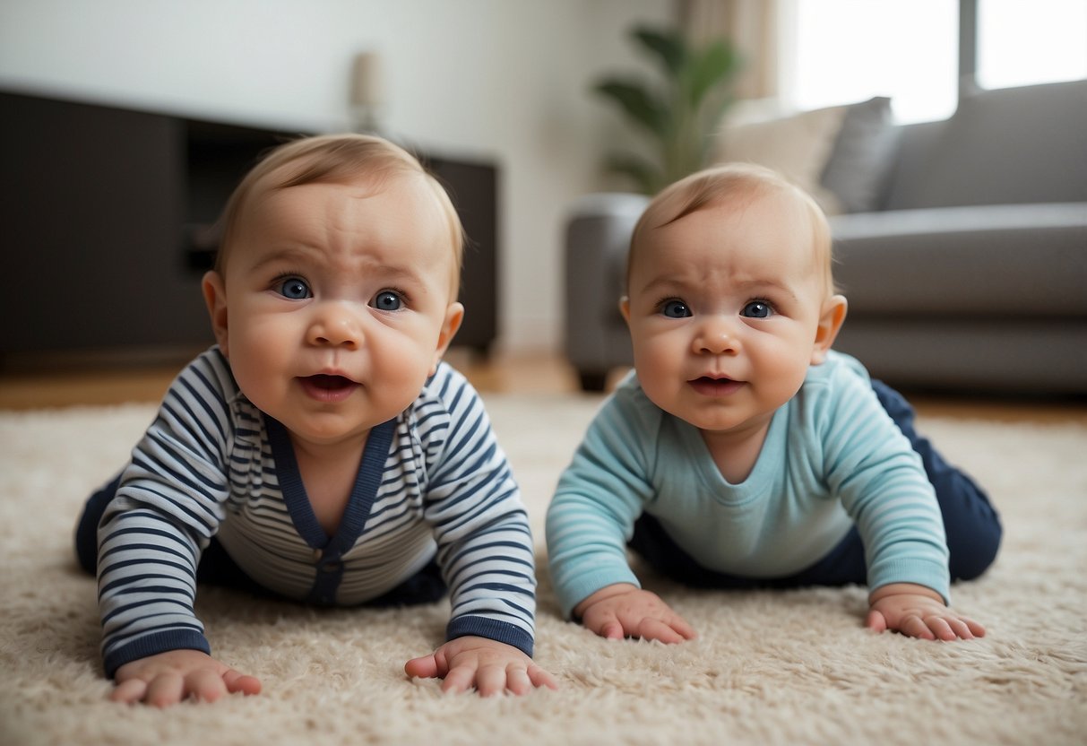 A baby pushes up during tummy time, lifting their head and chest off the ground, showing strength and meeting developmental milestones