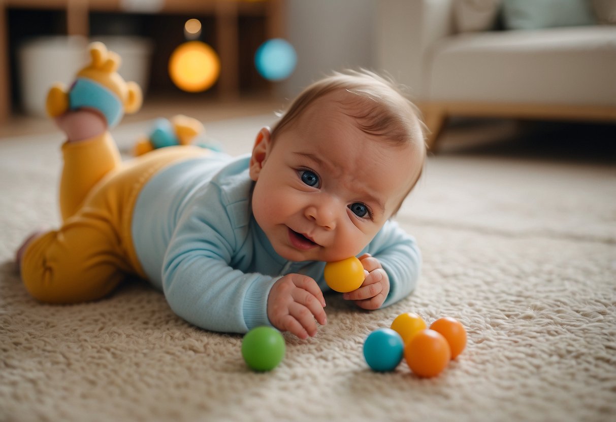 A newborn reaching for a toy, tracking objects with their eyes, and lifting their head during tummy time. Smiling and cooing when interacted with, and kicking and wiggling during playtime