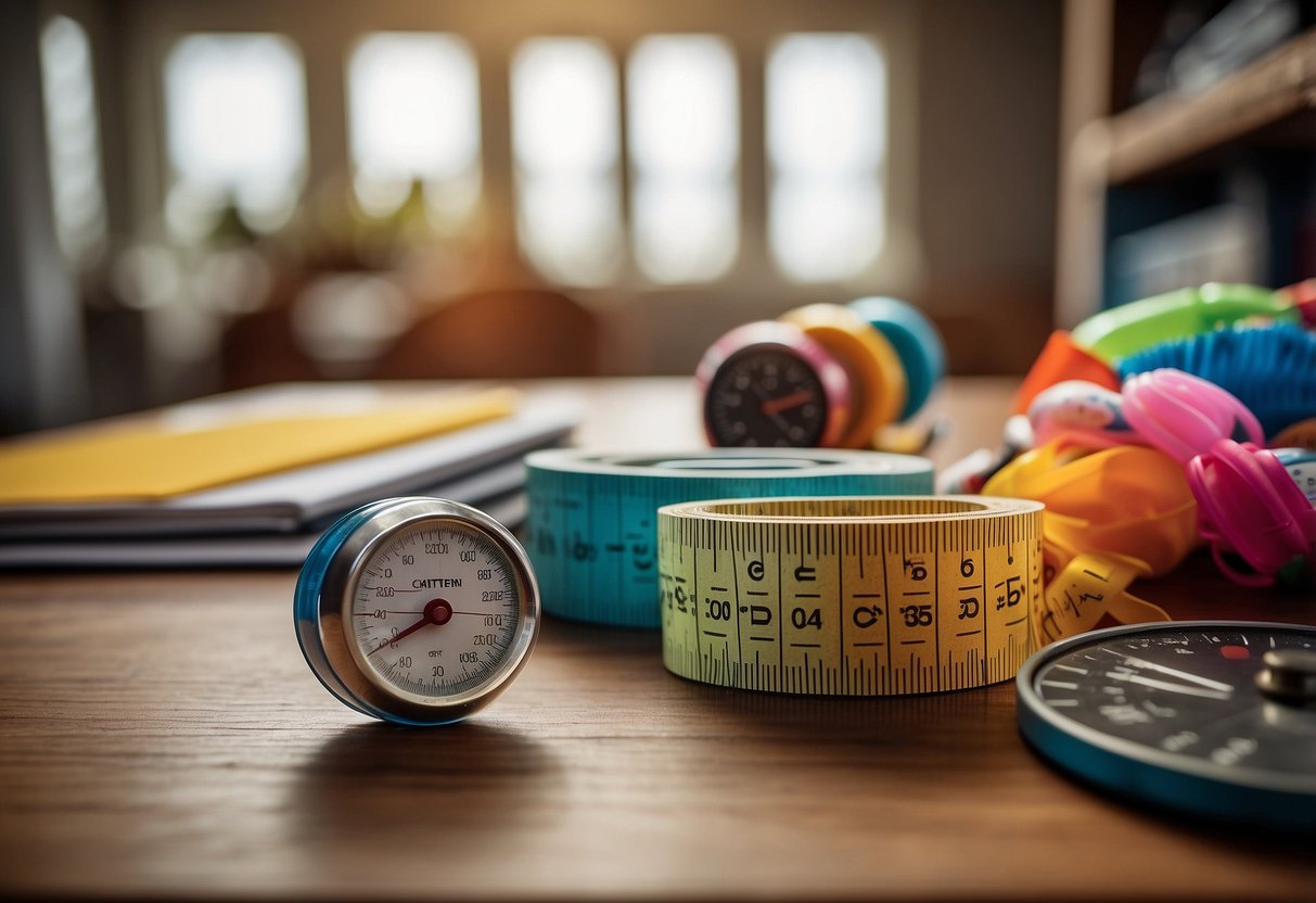 A measuring tape stretching across a table, with a stack of growth charts and a notebook filled with recorded measurements. A baby bottle and toys scattered around the area