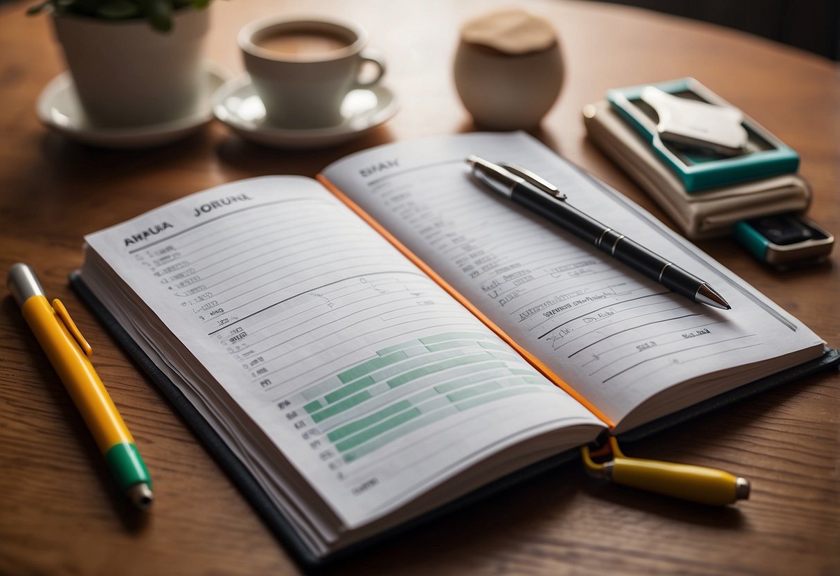 A baby journal sits open on a desk, surrounded by milestone tracking tools. A growth chart, developmental checklist, and colorful markers are scattered around, ready to capture the newborn's progress