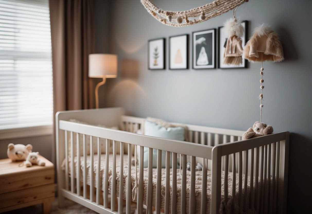 A crib with a mobile hanging above, a baby monitor on the nightstand, and a journal with pen for tracking sleep patterns