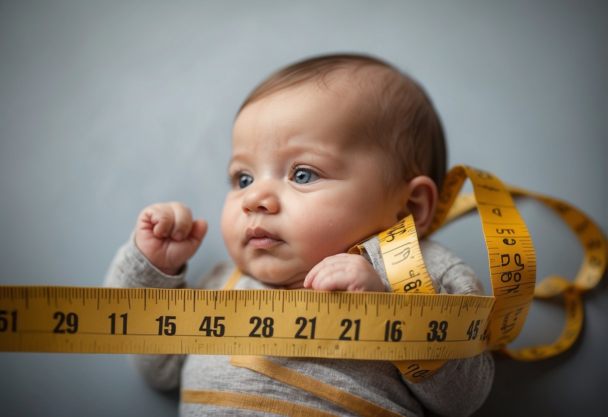 A tape measure stretches across a growth chart, marking the height of a newborn. A scale sits nearby, displaying the baby's weight. A calendar with developmental milestones is pinned to the wall