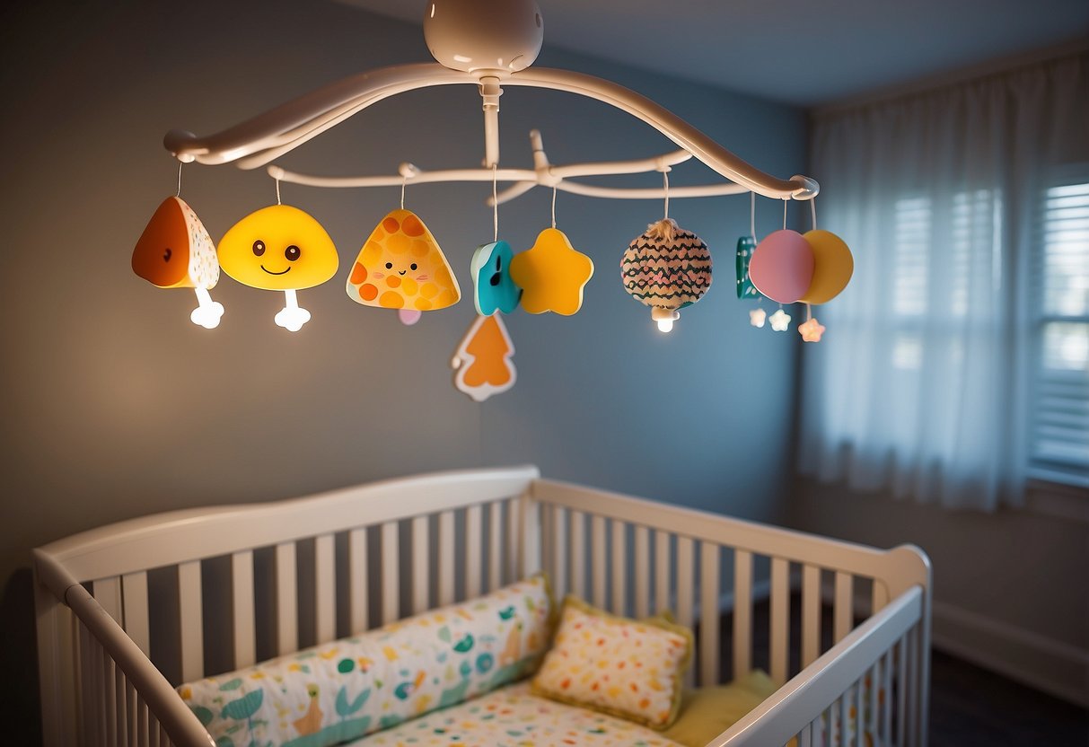 A baby mobile with colorful shapes and patterns hanging above a crib, while a baby monitor shows brainwave patterns and emotional responses