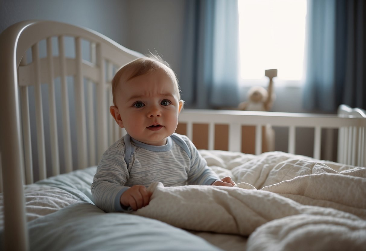 A baby in a crib with soft bedding, surrounded by baby-proofed furniture and electrical outlets, with a monitor and first aid kit nearby