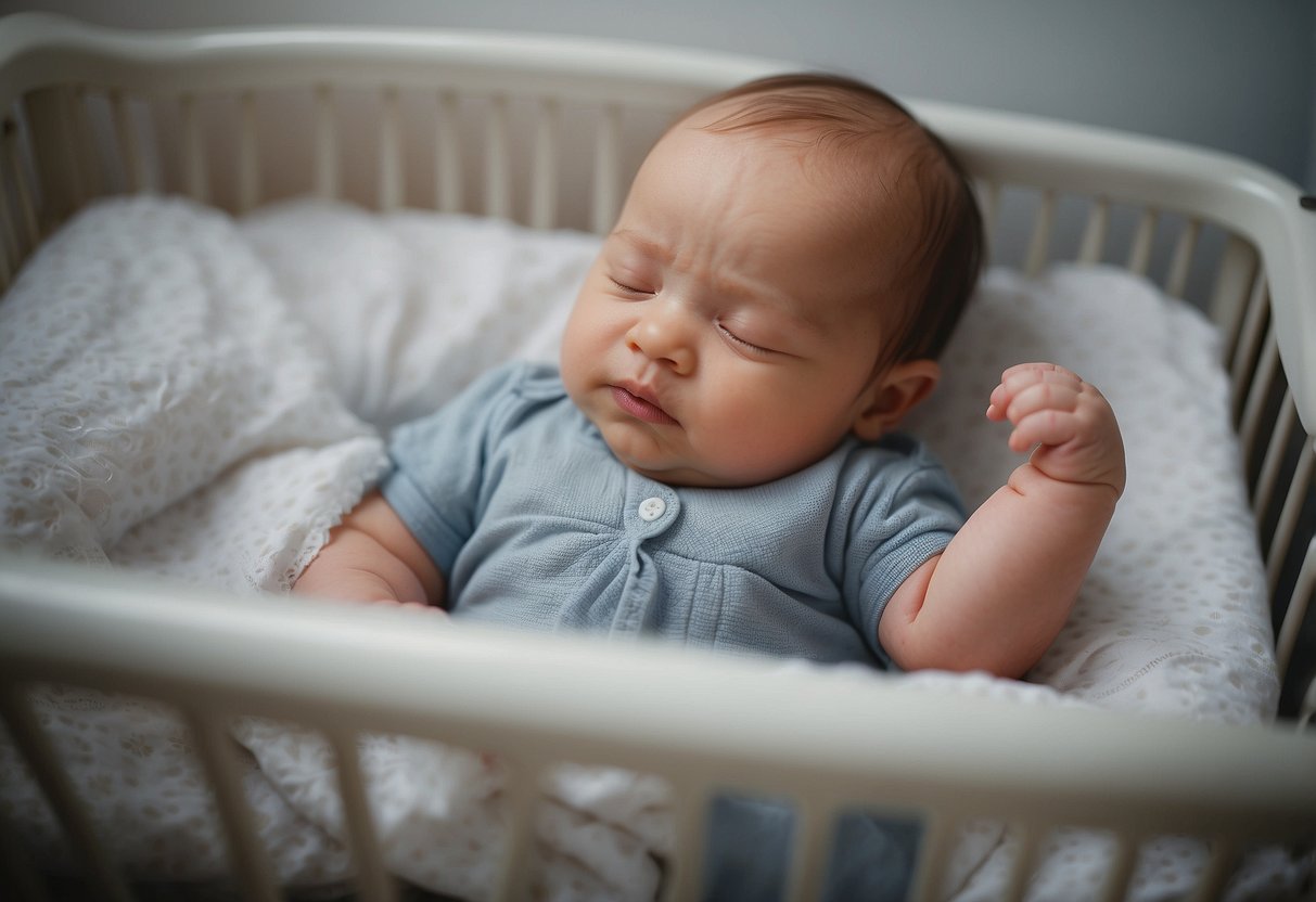 A peaceful baby lies on their back in a crib, surrounded by a safe sleep environment with no hazards nearby