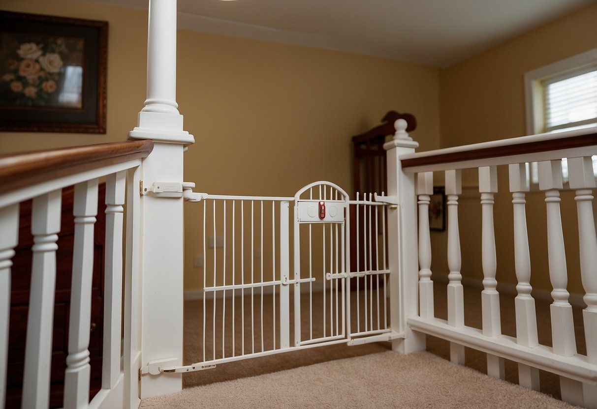 A baby gate is installed at the top of a staircase, outlet covers are in place, and cabinet locks secure hazardous items. A smoke detector is mounted on the ceiling, and a first aid kit is easily accessible