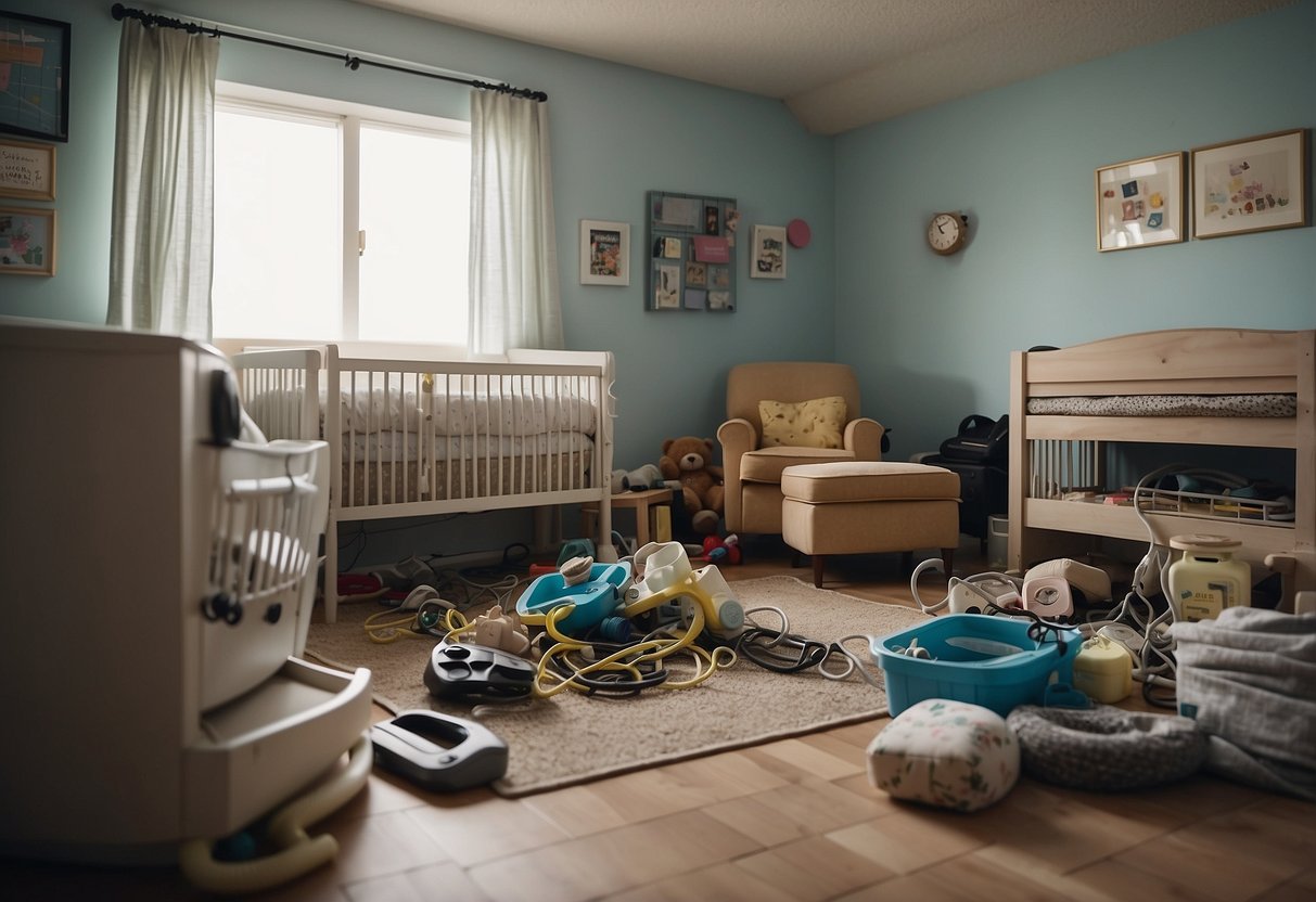 A cluttered nursery with loose cords, unsecured furniture, and choking hazards scattered on the floor. Outlets are exposed, and toxic cleaning supplies are within reach