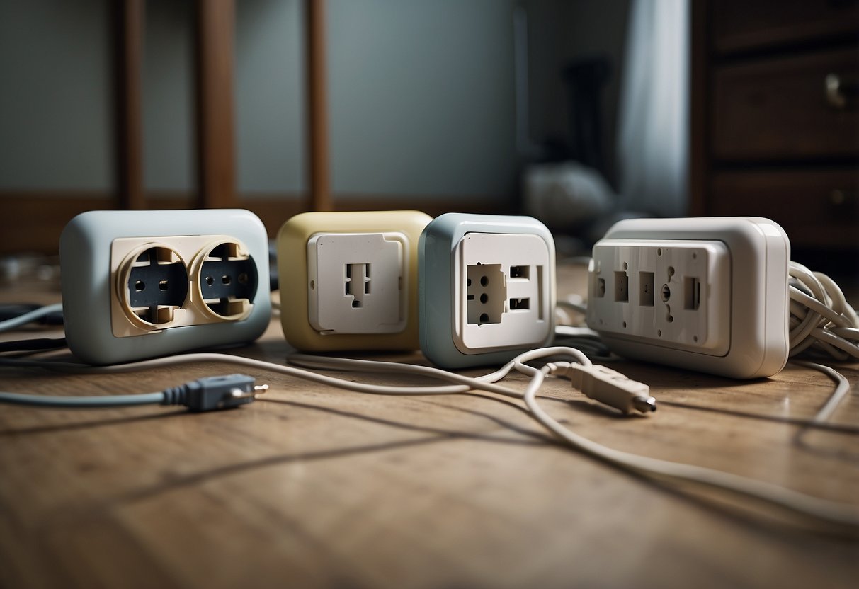 Several loose electrical outlets scattered throughout a cluttered room, posing a hidden hazard to a newborn