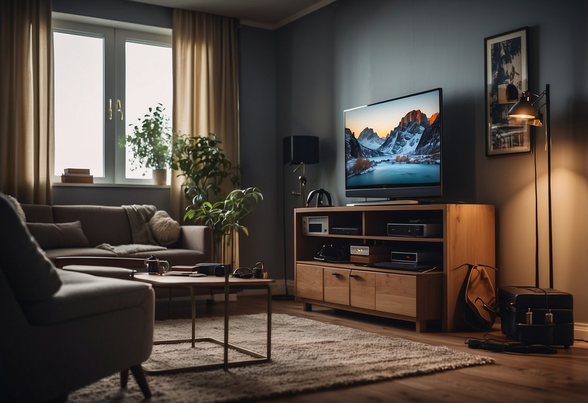 A living room with unsecured furniture, including a wobbly bookshelf and a top-heavy TV stand. Electrical cords are tangled on the floor, and small objects like coins and batteries are scattered around