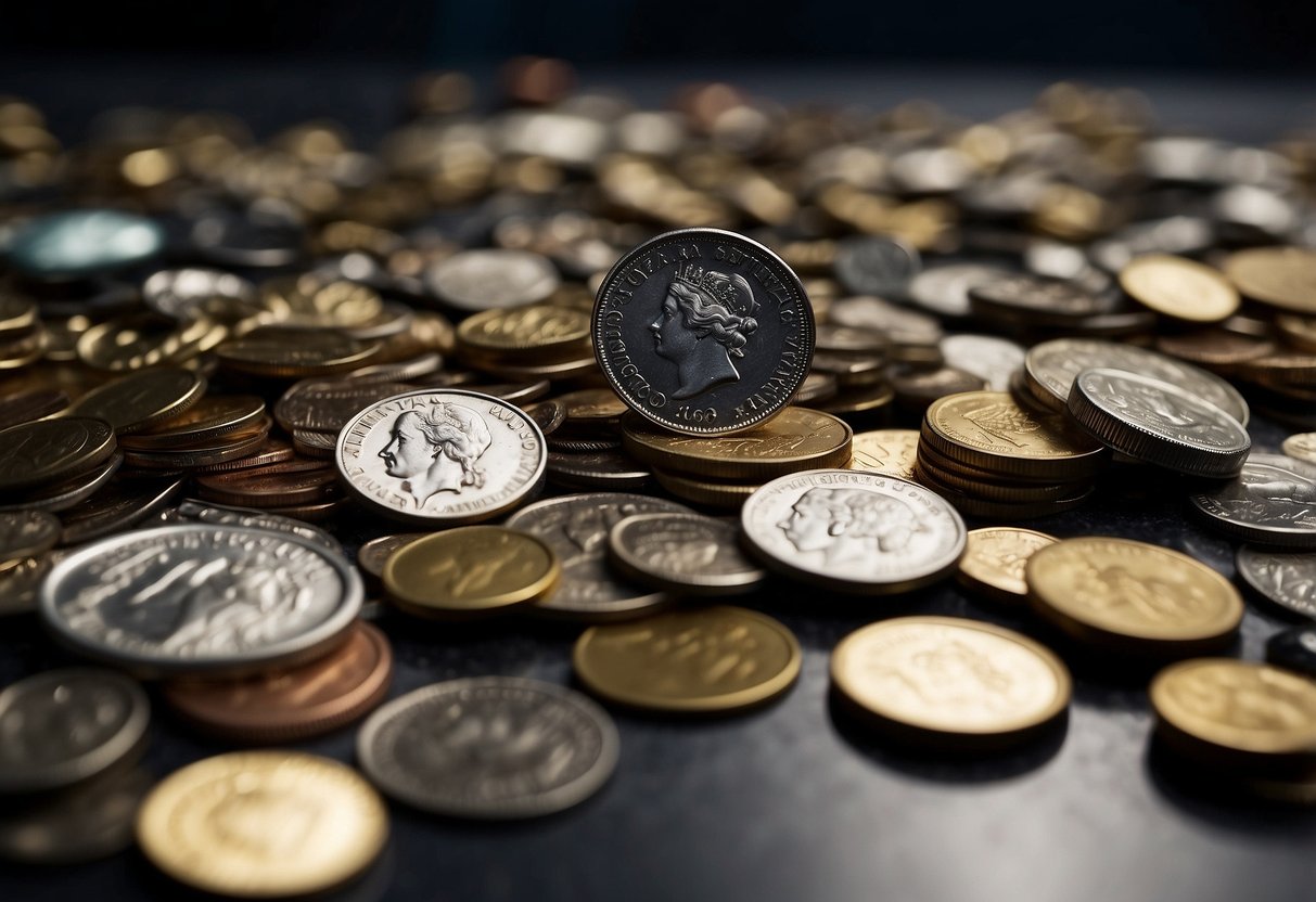 Various small objects scattered on the floor, including coins, buttons, and small toys. Hazards like choking and tripping potential