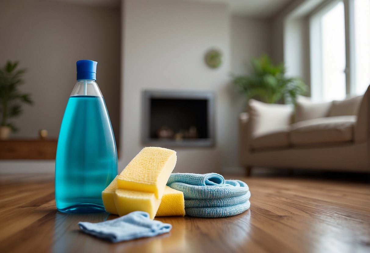 Various cleaning supplies are scattered around the house. A hidden newborn hazard is shown, such as loose cords or sharp corners