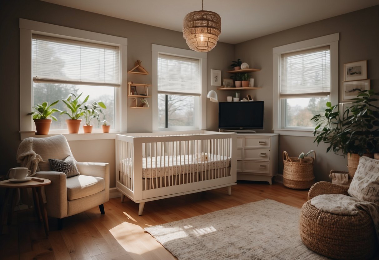 A cozy nursery with hidden hazards: loose cords, unsecured furniture, and unattended hot appliances. Fix with cord management, furniture anchors, and constant supervision