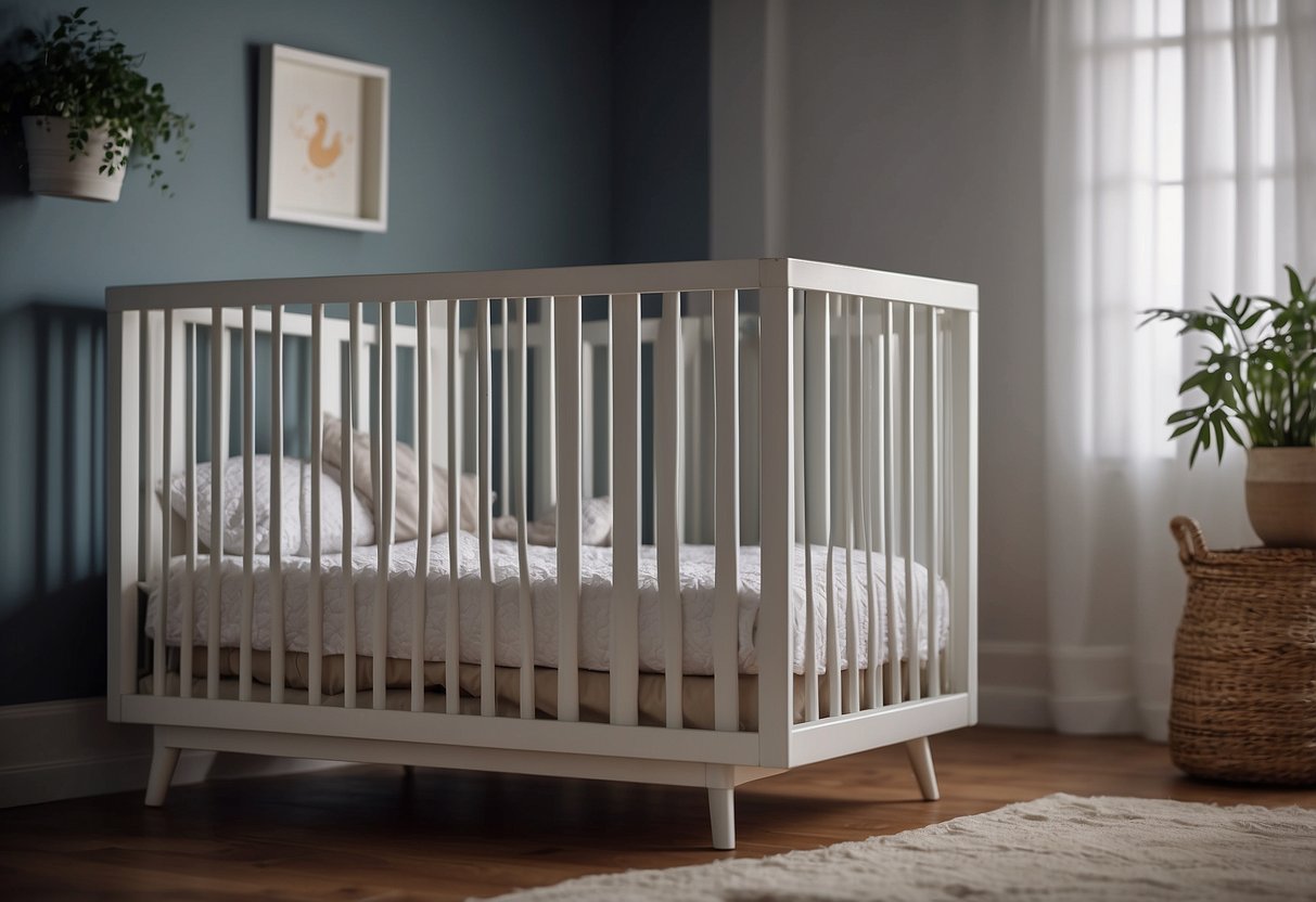 A crib with a firm mattress, fitted sheet, and no loose bedding. A white noise machine and dim nightlight. A room temperature of 68-72°F