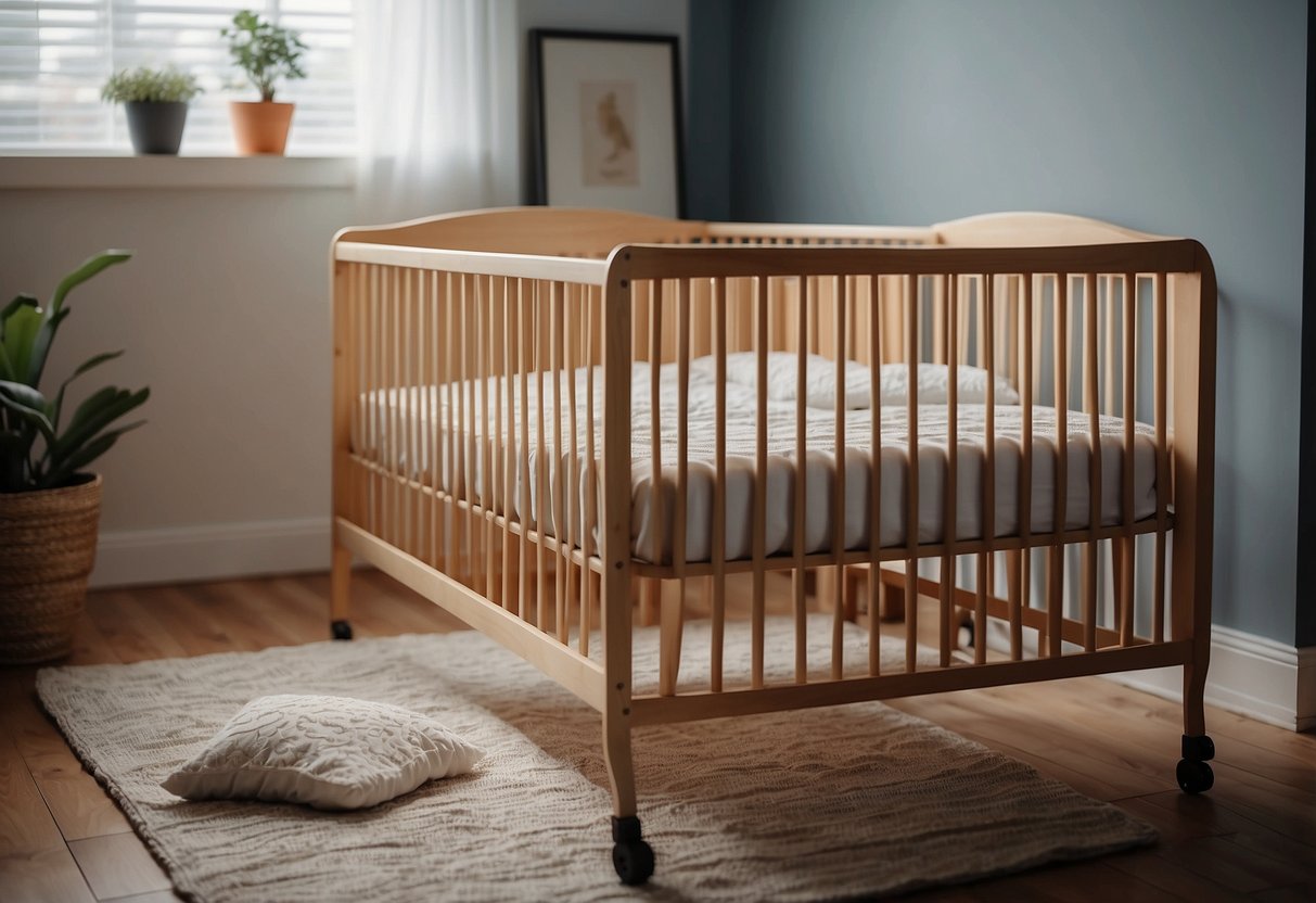 A simple, empty crib in a cozy, well-lit room with no loose bedding or toys. A firm mattress and fitted sheet are the only items inside