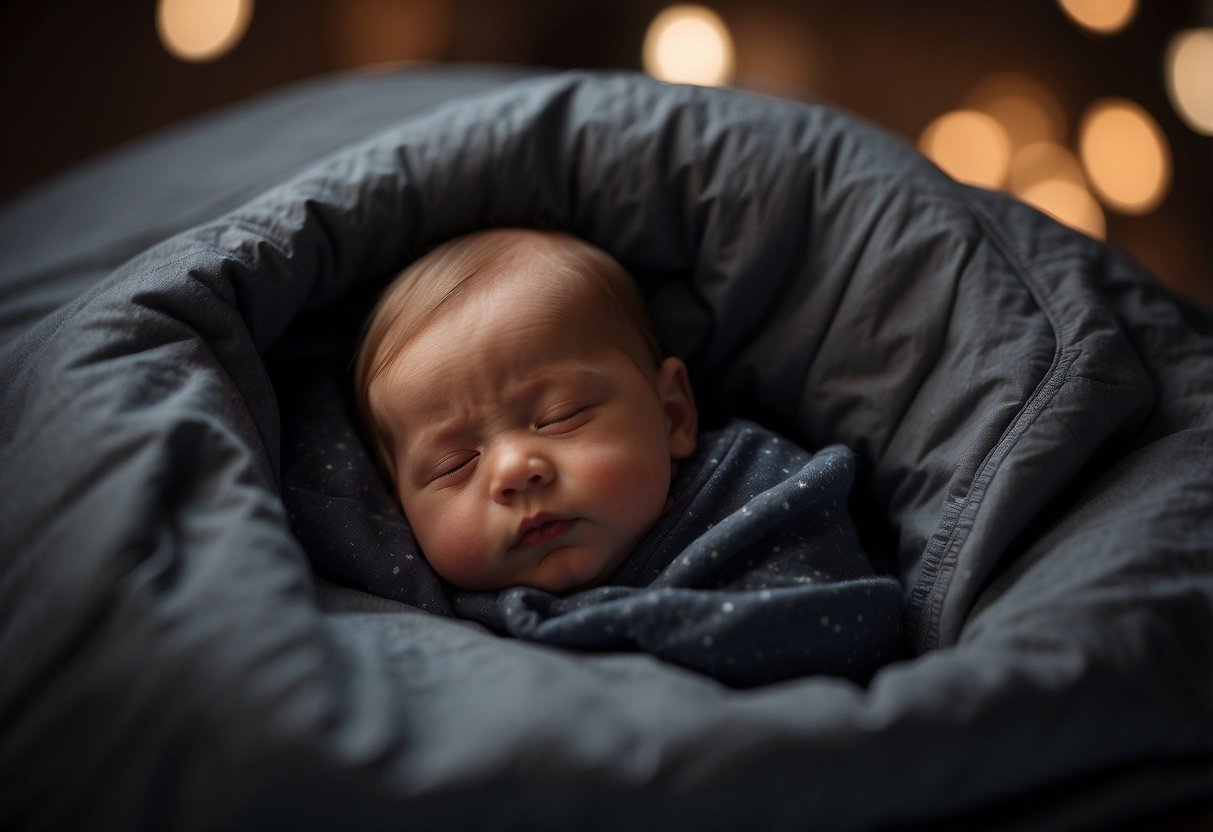 A baby lies on their back in a safe sleep environment, with no loose bedding or toys, and a firm mattress. The room is cool and dark, and the baby is dressed in a sleep sack