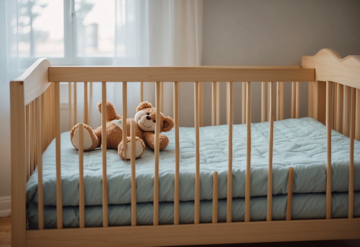 A crib with no soft toys, a fitted sheet, and a firm mattress. No loose bedding or pillows. Keep cords and monitor out of reach