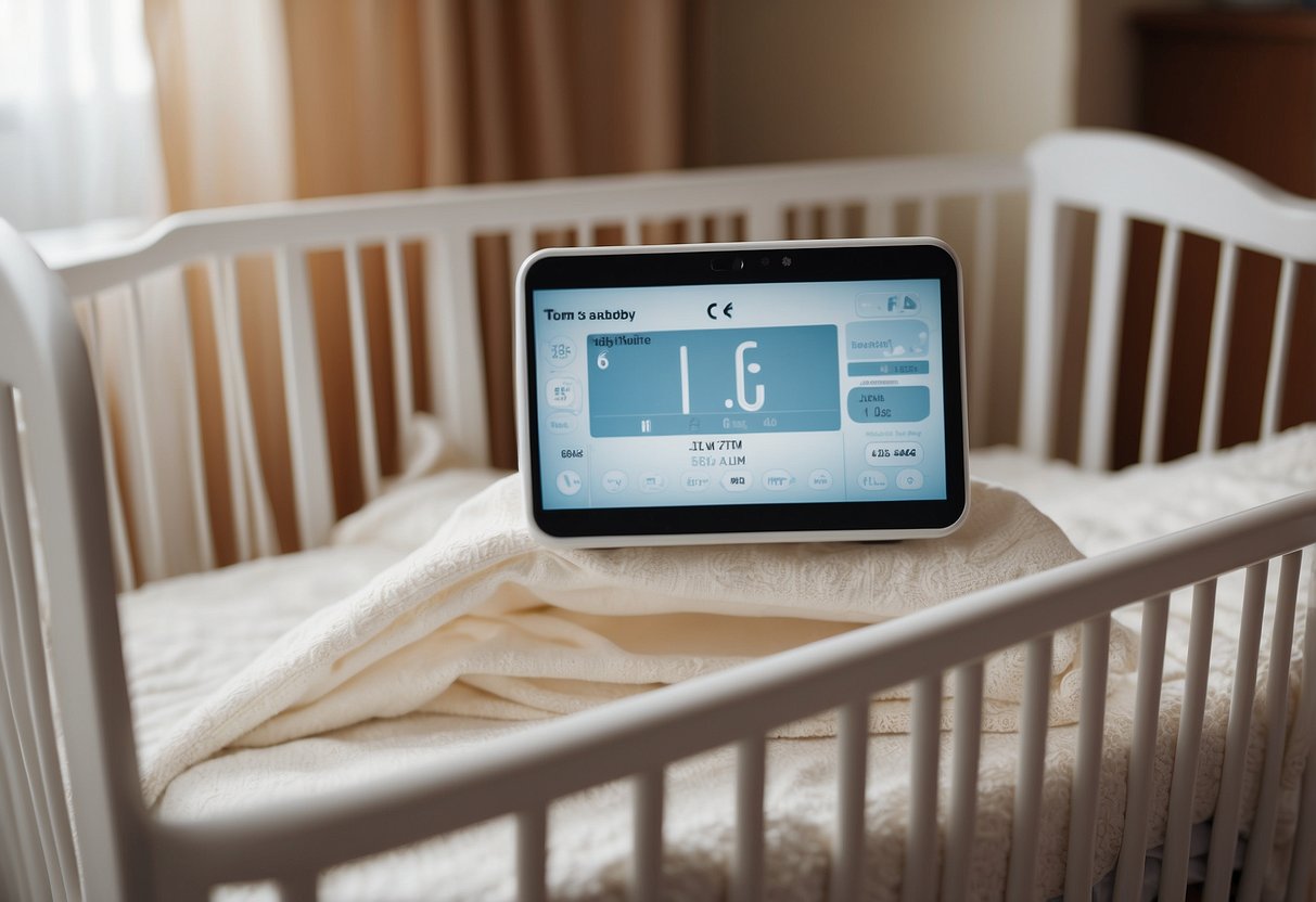 A crib with a firm mattress, fitted sheet, and no soft bedding. Room temperature set between 68-72°F. No toys or loose blankets. Baby monitor on a stable surface