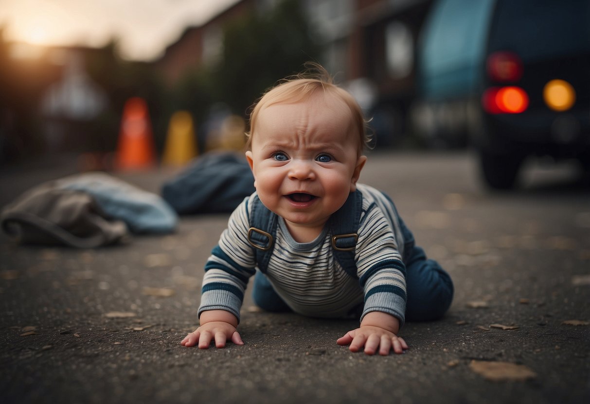 A crying baby surrounded by loud noises: sirens, construction, and music