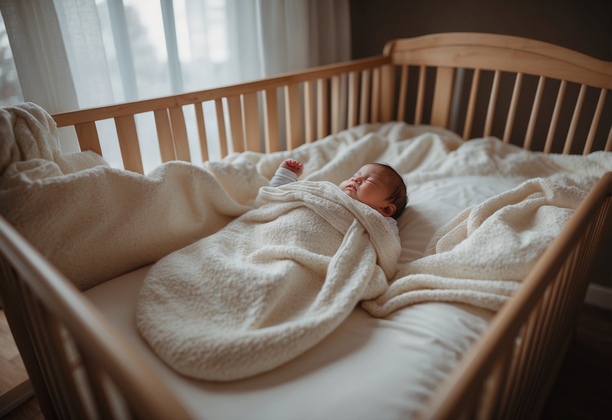 Heavy blankets fill the crib, creating a cozy and warm environment for a newborn