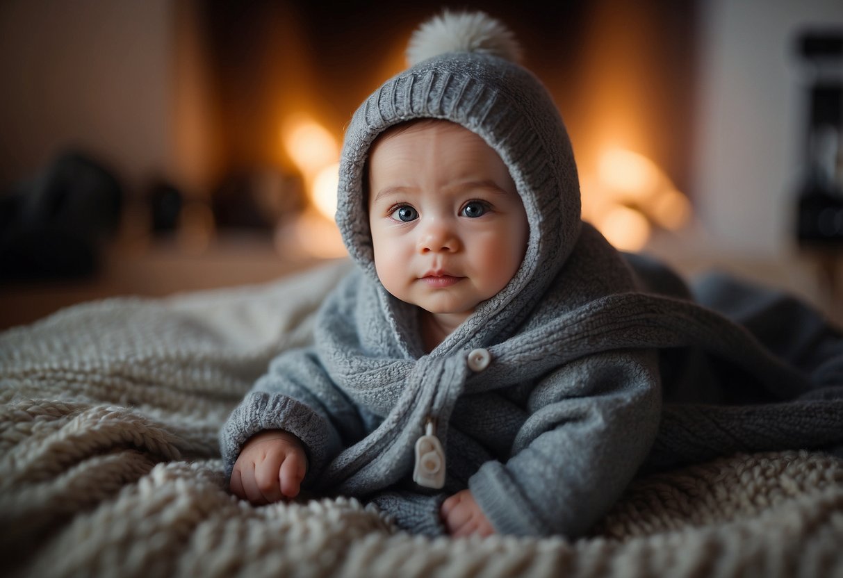 A baby is dressed too warmly indoors, surrounded by blankets and heaters