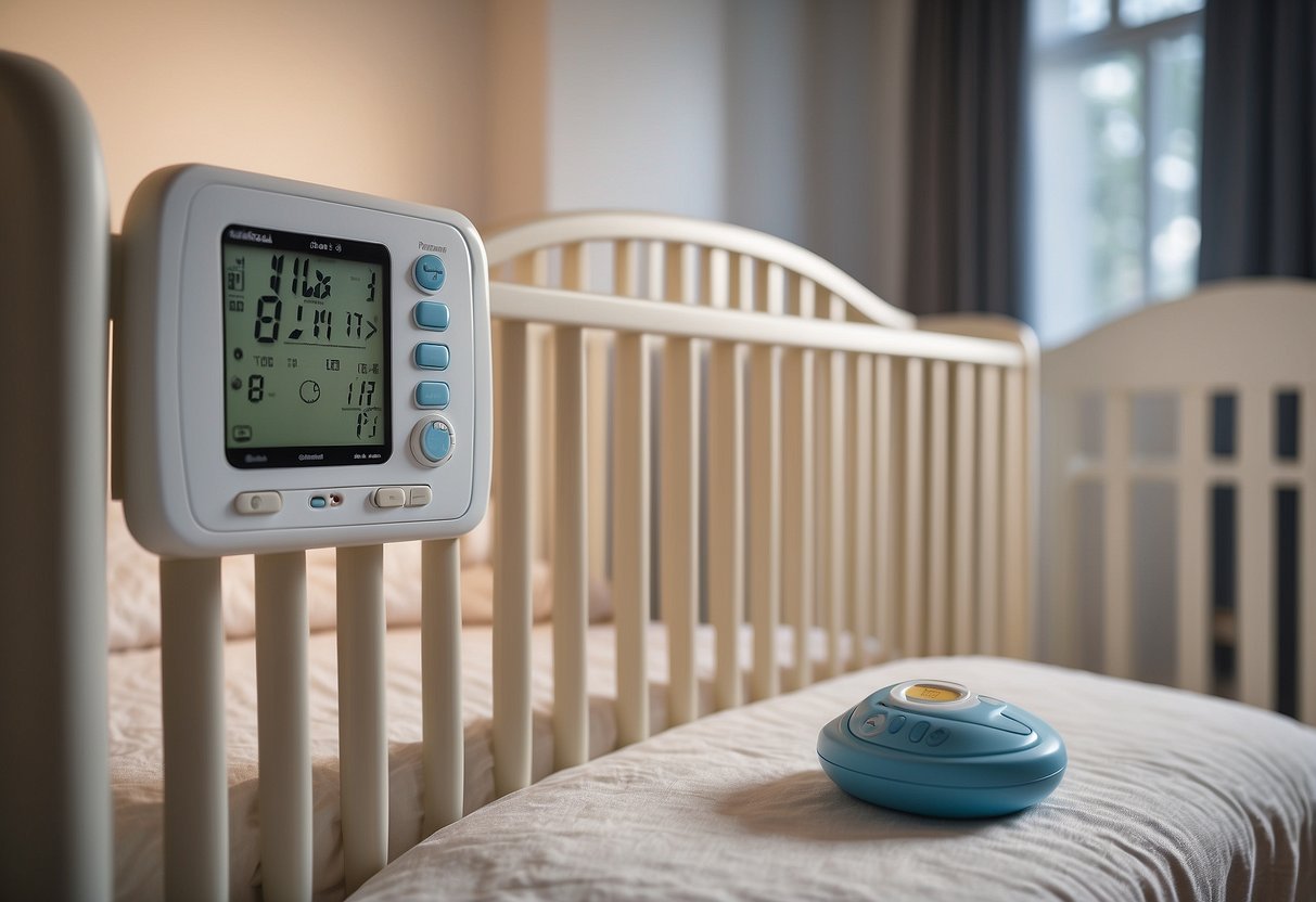 A crib with a fitted sheet, a baby monitor, a car seat, a baby gate, a thermometer, a first aid kit, and outlet covers