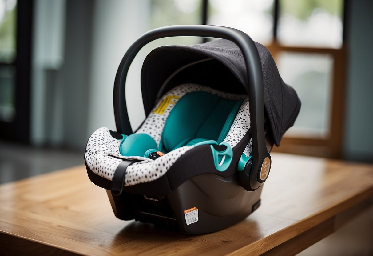 An infant car seat with side impact protection surrounded by essential safety products for newborn parents