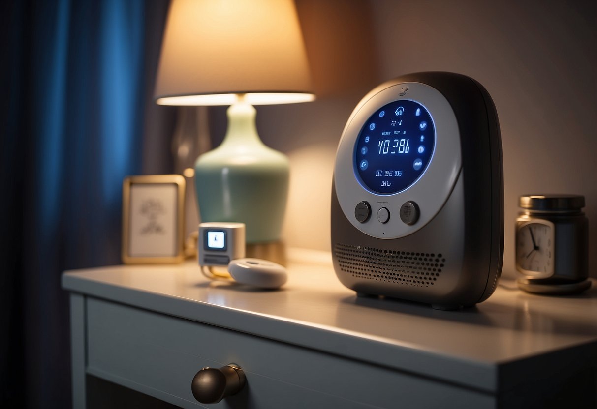 A baby sound machine with a soft night light sits on a nightstand. Surrounding it are other essential safety products for newborns