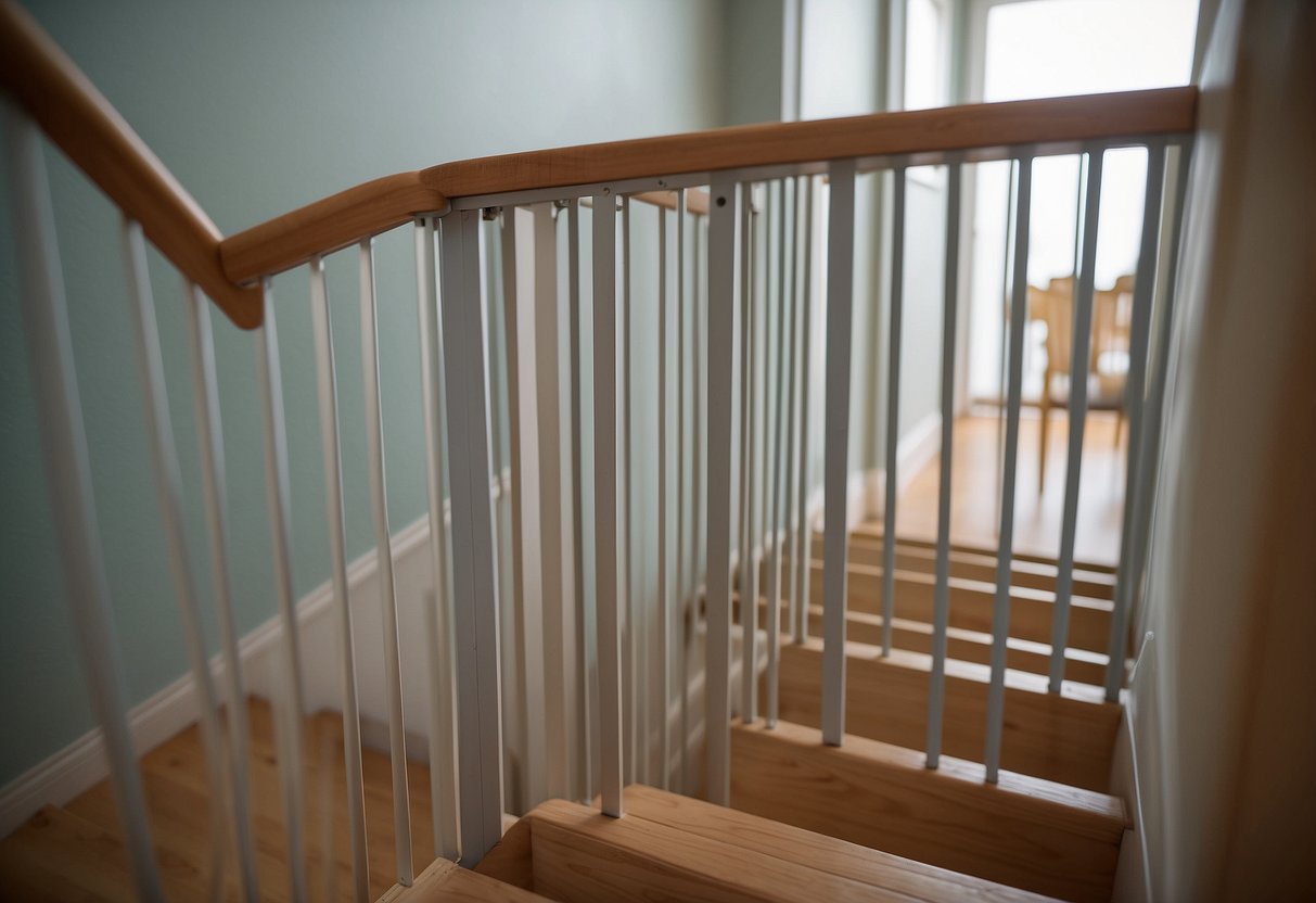 A safety gate with a double-locking system is installed at the top of a staircase. Other safety products for newborns are nearby