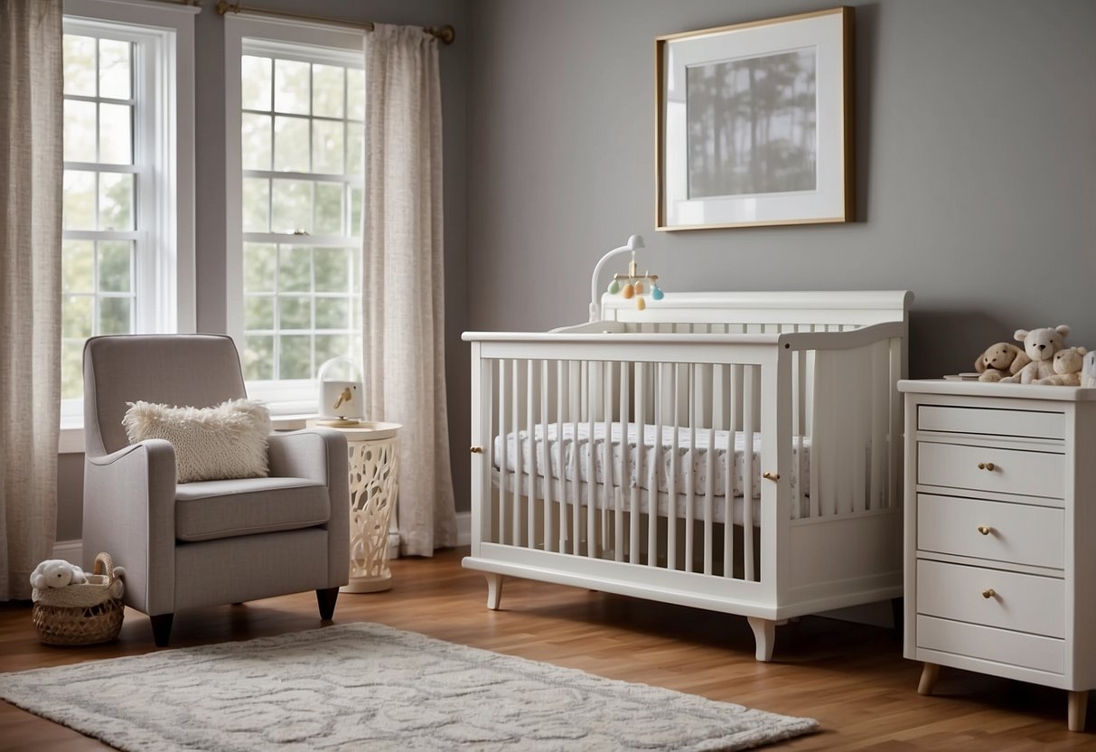 A room with a crib, baby monitor, outlet covers, cabinet locks, car seat, baby gate, and baby thermometer. All products are in pristine condition and arranged neatly